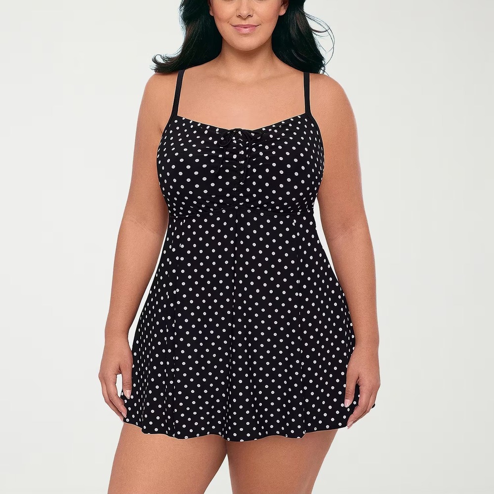 Sonnet Shores Womens 18W Black/White Dots Swim Dress